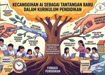 Ilustrasi poster pendidikan bertema "Kecanggihan Al sebagai Tantangan Baru dalam Kurikulum Pendidikan". Poster menampilkan pohon besar sebagai simbol fondasi pendidikan dengan cabang bertuliskan Artificial Intelligence, literasi digital, inovasi pembelajaran, dan berpikir kritis. Terlihat siswa menggunakan gadget dan laptop, timbangan antara kemudahan Al dan kemampuan mandiri, serta guru dan kurikulum yang beradaptasi menghadapi masa depan digital.