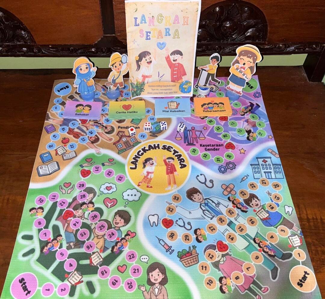 Melalui Permainan “Langkah Setara”, Mahasiswa PGSD UNY Tanamkan Nilai SDGs 3, 4, dan 5 kepada Santri TPA Al-Muttaqien Plotengan 47 Media edukasi rekreatif "Langkah Setara" karya mahasiswa PGSD UNY (Sumber: Dokumentasi Pribadi)