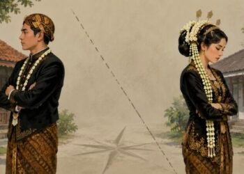 Ilustrasi ini menggambarkan tradisi larangan pernikahan ngalor-ngulon dalam budaya masyarakat Jawa. Tampak sepasang calon pengantin adat Jawa berdiri saling berjauhan dengan latar rumah yang berlawanan arah, melambangkan kepercayaan masyarakat terhadap pantangan arah rumah dalam pernikahan. Nuansa ekspresi yang tenang namun penuh keraguan merepresentasikan konflik antara cinta, adat istiadat, dan penghormatan terhadap warisan leluhur yang masih dipercaya hingga saat ini.