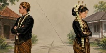 Ilustrasi ini menggambarkan tradisi larangan pernikahan ngalor-ngulon dalam budaya masyarakat Jawa. Tampak sepasang calon pengantin adat Jawa berdiri saling berjauhan dengan latar rumah yang berlawanan arah, melambangkan kepercayaan masyarakat terhadap pantangan arah rumah dalam pernikahan. Nuansa ekspresi yang tenang namun penuh keraguan merepresentasikan konflik antara cinta, adat istiadat, dan penghormatan terhadap warisan leluhur yang masih dipercaya hingga saat ini.