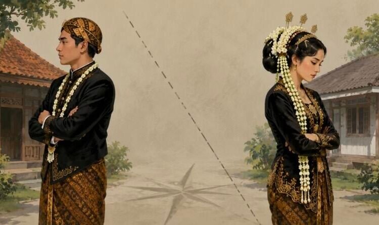 Ilustrasi ini menggambarkan tradisi larangan pernikahan ngalor-ngulon dalam budaya masyarakat Jawa. Tampak sepasang calon pengantin adat Jawa berdiri saling berjauhan dengan latar rumah yang berlawanan arah, melambangkan kepercayaan masyarakat terhadap pantangan arah rumah dalam pernikahan. Nuansa ekspresi yang tenang namun penuh keraguan merepresentasikan konflik antara cinta, adat istiadat, dan penghormatan terhadap warisan leluhur yang masih dipercaya hingga saat ini.
