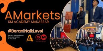 Banner seminar trading AMarkets bersama Smart Money Academy Makassar pada 10 Mei 2026 di Menara Mas Makassar, menampilkan sesi edukasi trading forex, pembicara seminar, peserta komunitas trader, dan suasana acara offline.