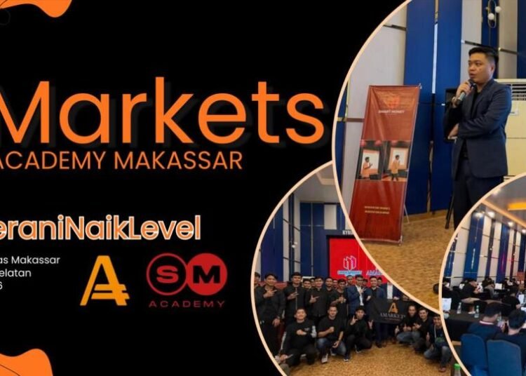 AMarkets dan Smart Money Academy Sukses Gelar Seminar Trading Ketiga di Makassar pada Mei 2026 46 Banner seminar trading AMarkets bersama Smart Money Academy Makassar pada 10 Mei 2026 di Menara Mas Makassar, menampilkan sesi edukasi trading forex, pembicara seminar, peserta komunitas trader, dan suasana acara offline.