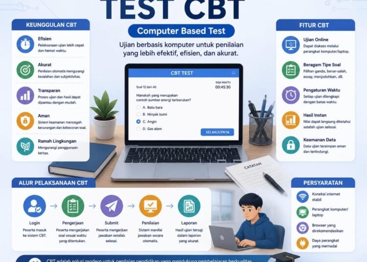 Peran Teknologi dalam Kurikulum: Test CBT yang menjelaskan pengertian CBT (Computer-Based Test), jenis-jenis CBT seperti linear dan adaptif, sistem pelaksanaan online, semi online, dan offline, serta kelebihan dan kelemahan penggunaan CBT dalam dunia pendidikan.