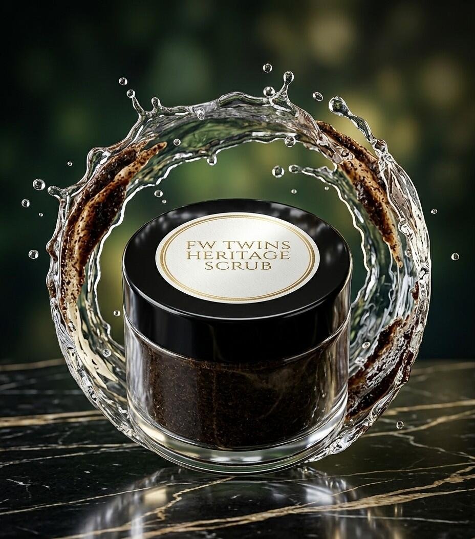 Produk lulur eksfoliasi badan FW Twins Heritage Scrub dengan cipratan air transparan berlatar belakang hijau gelap.