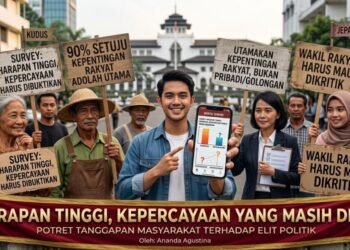 Harapan Tinggi, Kepercayaan yang Masih Diuji: Potret Tanggapan Masyarakat terhadap Elit Politik 49 Visualisasi harapan dan ruang kritik masyarakat terhadap jalannya kekuasaan. (Sumber: Ilustrasi Digital)