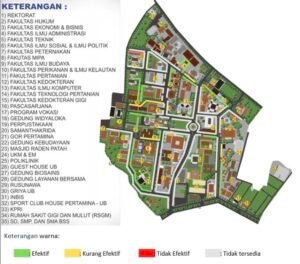 Peta persebaran dan zonasi tingkat efektivitas jalur pemandu (guiding block) disabilitas di lingkungan Universitas Brawijaya (Sumber: Dokumentasi Pribadi) 
