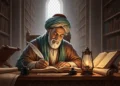 Sumber gambar: PNGTree, "Seorang Ulama Tua Berjanggut Putih Menulis Dengan Pena Bulu Buku Di Perpustakaan Kuno Yang Remang Remang".