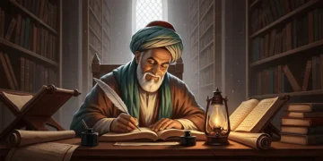 Sumber gambar: PNGTree, "Seorang Ulama Tua Berjanggut Putih Menulis Dengan Pena Bulu Buku Di Perpustakaan Kuno Yang Remang Remang".