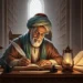 Sumber gambar: PNGTree, "Seorang Ulama Tua Berjanggut Putih Menulis Dengan Pena Bulu Buku Di Perpustakaan Kuno Yang Remang Remang".