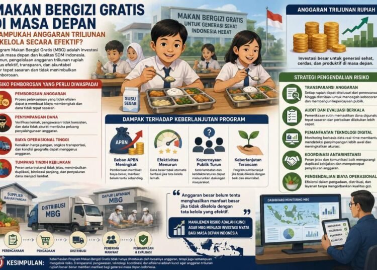 Makan Bergizi Gratis di Masa Depan: Mampukah Anggaran Triliunan Dikelola Secara Efektif? 46 Ilustrasi Program Makan Bergizi Gratis (MBG) dan tantangan pengelolaan anggaran triliunan rupiah agar tepat sasaran dan berkelanjutan. (AI GPT)