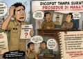 Ilustrasi kartun perangkat Desa Komis Sampang yang mengaku dicopot tanpa surat pemberhentian resmi dan mempertanyakan kejelasan prosedur administrasi serta hak-haknya.
