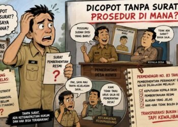 Perangkat Desa Komis Sampang Dicopot Tanpa Surat, Hak Administrasi Dipertanyakan 46 Ilustrasi kartun perangkat Desa Komis Sampang yang mengaku dicopot tanpa surat pemberhentian resmi dan mempertanyakan kejelasan prosedur administrasi serta hak-haknya.