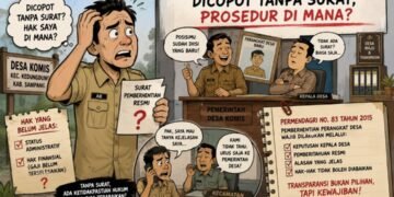 Ilustrasi kartun perangkat Desa Komis Sampang yang mengaku dicopot tanpa surat pemberhentian resmi dan mempertanyakan kejelasan prosedur administrasi serta hak-haknya.