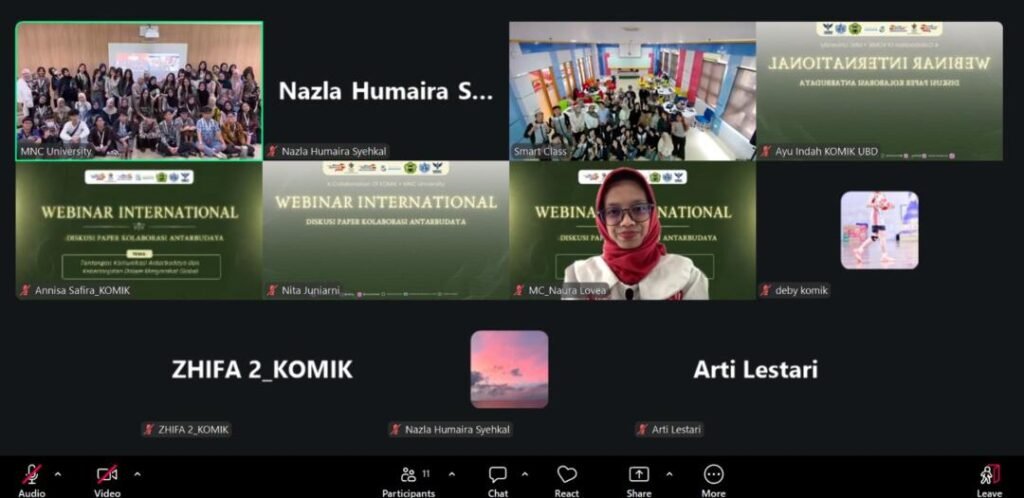 Webinar Internasional Mahasiswa: Kolaborasi Mahasiswa Ilmu Komunikasi UBD, MNC University dan UPSI Malaysia dalam Membangun Pemahaman Antarbudaya Global 47 Webinar Internasional dan Diskusi Paper Kolaborasi Antarbudaya hasil kolaborasi antara Korps Mahasiswa Ilmu Komunikasi Universitas Bina Darma dan MNC University dibawah bimbingan Dr. Desy Misnawati, S.Sos, M.I.Kom saat sedang berlangsung. (Foto-Istimewa)