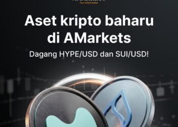 Visual promosi AMarkets yang menampilkan aset kripto HYPE/USD dan SUI/USD di platform MetaTrader 5 dengan ilustrasi koin digital berlatar grafik pasar keuangan.