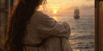 Seorang perempuan memandang laut dan kapal di kejauhan dari jendela, menggambarkan perenungan tentang pilihan dan perjalanan hidup.
