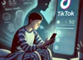 Efek FYP dan FOMO: Tren TikTok Picu Perilaku Konsumtif Remaja di Aceh Singkil 47 DALL·E 2024 12 17 09.09.07 An illustration showing a young person sitting on their bed at night scrolling endlessly on their smartphone with a TikTok logo on the screen. The r