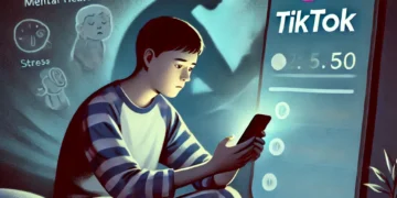 DALL·E 2024 12 17 09.09.07 An illustration showing a young person sitting on their bed at night scrolling endlessly on their smartphone with a TikTok logo on the screen. The r