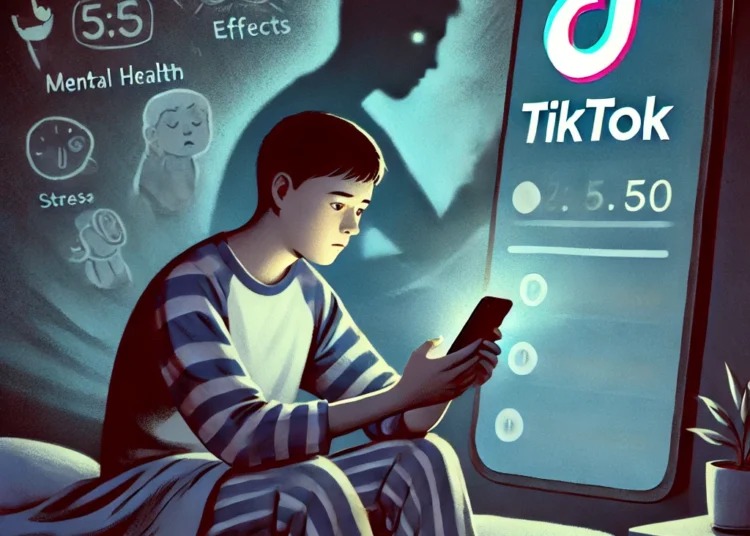 DALL·E 2024 12 17 09.09.07 An illustration showing a young person sitting on their bed at night scrolling endlessly on their smartphone with a TikTok logo on the screen. The r