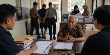 Polisi Sampang Tahan Tersangka Penganiayaan Warga di Desa Banyukapah 62 Ilustrasi proses penyidikan kasus dugaan penganiayaan di kantor kepolisian dengan korban memberikan keterangan dan terduga pelaku berada dalam pengawasan polisi.