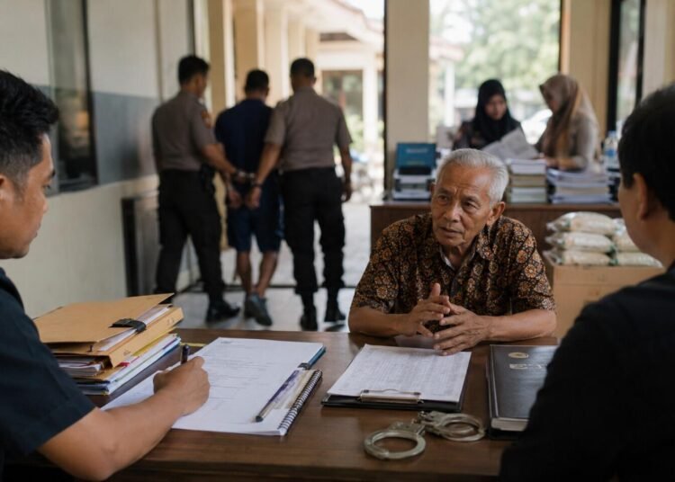 Ilustrasi proses penyidikan kasus dugaan penganiayaan di kantor kepolisian dengan korban memberikan keterangan dan terduga pelaku berada dalam pengawasan polisi.