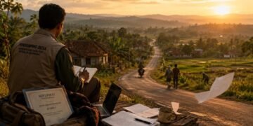 Pendamping desa menulis di tengah suasana perdesaan saat meraih Juara 1 lomba cerpen traveling