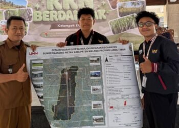 Penyerahan secara simbolis hasil akhir Peta Infografis Desa kepada perangkat Desa Harjokuncaran oleh perwakilan mahasiswa KKN 171 UMM (Sumber: Dokumentasi Pribadi)