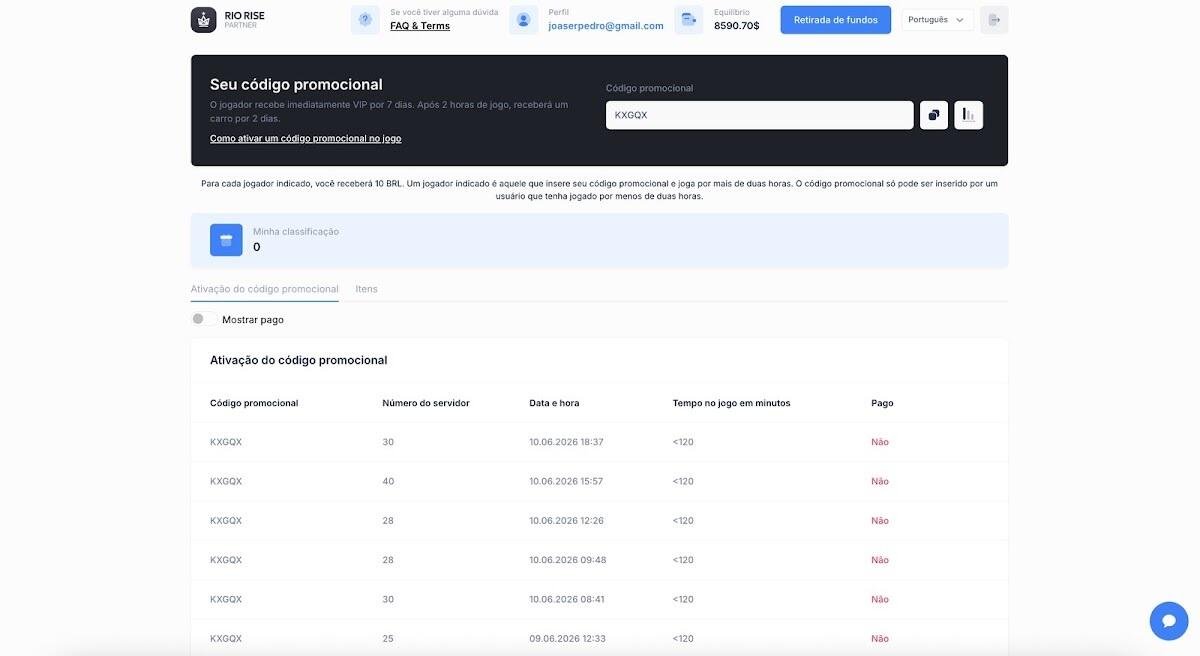Kabinet Program Partner Rio Rise dengan kode promo dan saldo