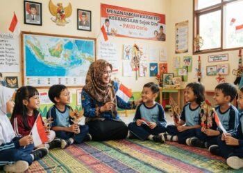 Upaya Guru Paud Dalam Menanamkan Karakter Kebangsaan Melalui Pendidikan Kewarganegaraan Bagi Anak Usia Dini 46 Ilustrasi guru PAUD menanamkan nilai-nilai kebangsaan kepada anak melalui kegiatan belajar dan bermain bersama. (Sumber: Generated AI).