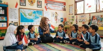 Upaya Guru Paud Dalam Menanamkan Karakter Kebangsaan Melalui Pendidikan Kewarganegaraan Bagi Anak Usia Dini 60 Ilustrasi guru PAUD menanamkan nilai-nilai kebangsaan kepada anak melalui kegiatan belajar dan bermain bersama. (Sumber: Generated AI).