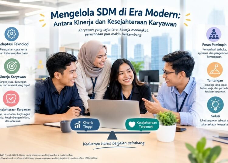 Ilustrasi karyawan bekerja di lingkungan perusahaan dengan dukungan teknologi sebagai bagian dari pengelolaan SDM di era modern. (Sumber: Dokumentasi Pribadi).