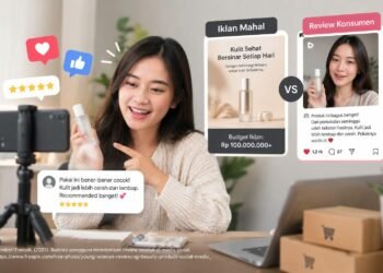 Ilustrasi konsumen yang membagikan pengalaman dan ulasan produk melalui media sosial sebagai bentuk promosi di era digital. (Sumber: Generated AI).