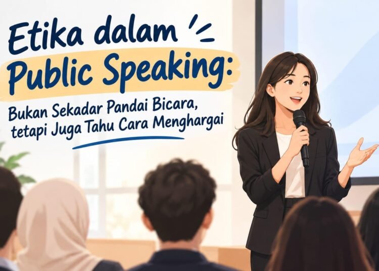 Ilustrasi etika dalam public speaking yang menekankan pentingnya kejujuran, sikap saling menghargai, dan kemampuan mendengarkan untuk membangun komunikasi yang baik dengan audiens. (Sumber: Generated AI).