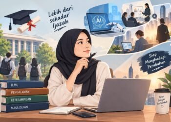 Mahasiswa perlu mempersiapkan diri menghadapi dunia kerja dengan mengasah keterampilan, menambah pengalaman, serta beradaptasi dengan perkembangan teknologi dan kecerdasan buatan (AI). (Sumber: Generated AI).