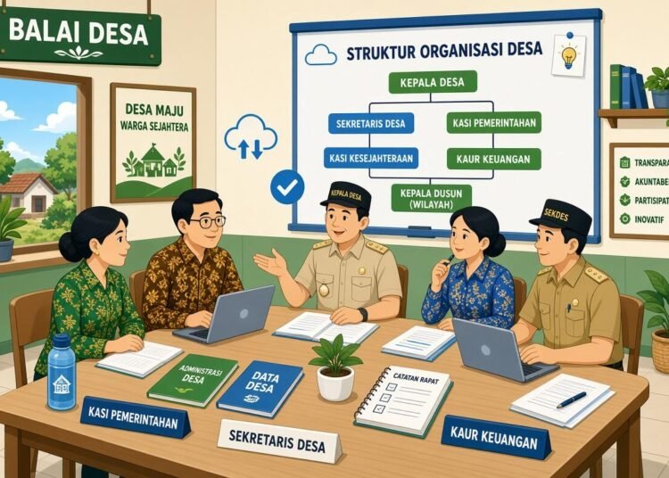 Ilustrasi pengembangan kapasitas aparatur desa dalam meningkatkan kualitas administrasi pemerintahan dan pelayanan kepada masyarakat. (Sumber: Generated AI).