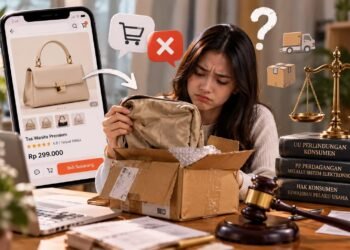Ilustrasi belanja online yang menyoroti pentingnya perlindungan hukum bagi konsumen ketika barang yang diterima tidak sesuai dengan deskripsi atau kesepakatan transaksi. (Sumber: Generated AI).