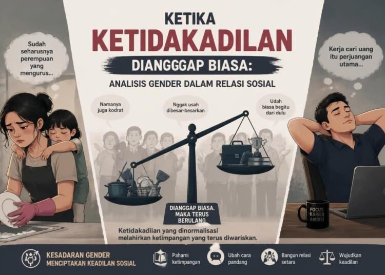 Ketika Ketidakadilan Dianggap Biasa: Analisis Gender dalam Relasi Sosial 46 Ilustrasi ketidakadilan gender dalam kehidupan sehari-hari yang tercermin melalui stereotip, pembagian peran domestik, dan ketimpangan tanggung jawab antara laki-laki dan perempuan. (Sumber: Ilustrasi AI).