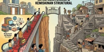 Ilustrasi ketimpangan sosial dan ekonomi yang menunjukkan bahwa kemiskinan tidak hanya berkaitan dengan usaha individu, tetapi juga dipengaruhi oleh akses pendidikan, kesempatan kerja, tingkat pendapatan, dan kebijakan publik. (Sumber: Generated AI).