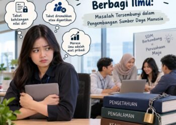 Ketika Karyawan Takut Berbagi Ilmu: Masalah Tersembunyi dalam Pengembangan Sumber Daya Manusia 46 Ilustrasi karyawan berbagi pengetahuan dan keterampilan di lingkungan kerja sebagai upaya meningkatkan kualitas sumber daya manusia serta membangun budaya kolaborasi di perusahaan. (Sumber: Generated AI).