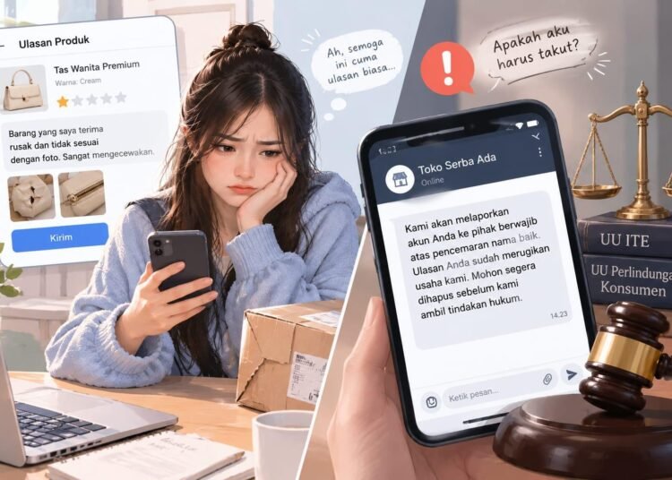 Ilustrasi ulasan konsumen di platform digital yang menggambarkan hak pembeli untuk menyampaikan pengalaman sekaligus pentingnya menjaga etika dalam memberikan kritik kepada pelaku usaha. (Sumber: Generated AI)