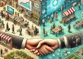 Ilustrasi persaingan bisnis di era ekonomi digital yang memanfaatkan teknologi, analisis data, dan kecerdasan buatan untuk menyusun strategi serta meningkatkan daya saing perusahaan. (Sumber: Generated AI).