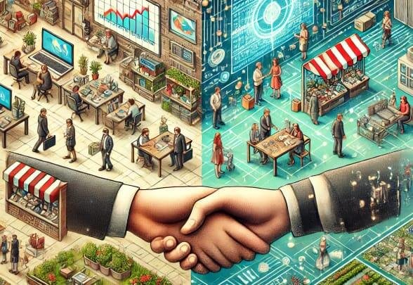 Ilustrasi persaingan bisnis di era ekonomi digital yang memanfaatkan teknologi, analisis data, dan kecerdasan buatan untuk menyusun strategi serta meningkatkan daya saing perusahaan. (Sumber: Generated AI).