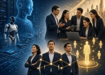 Ilustrasi karyawan memanfaatkan teknologi dalam mendukung produktivitas dan perkembangan perusahaan. (Sumber: Generated AI).